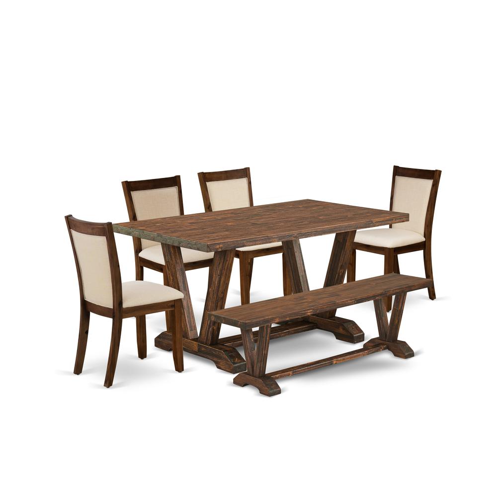 East West Furniture 6-Pc Small Dining Set - 1 Beautiful Modern Dining Table, A Dining Bench and 4 Light Beige Fabric Wood Dining Chairs with Stylish Back (Distressed Jacobean Finish). Picture 2