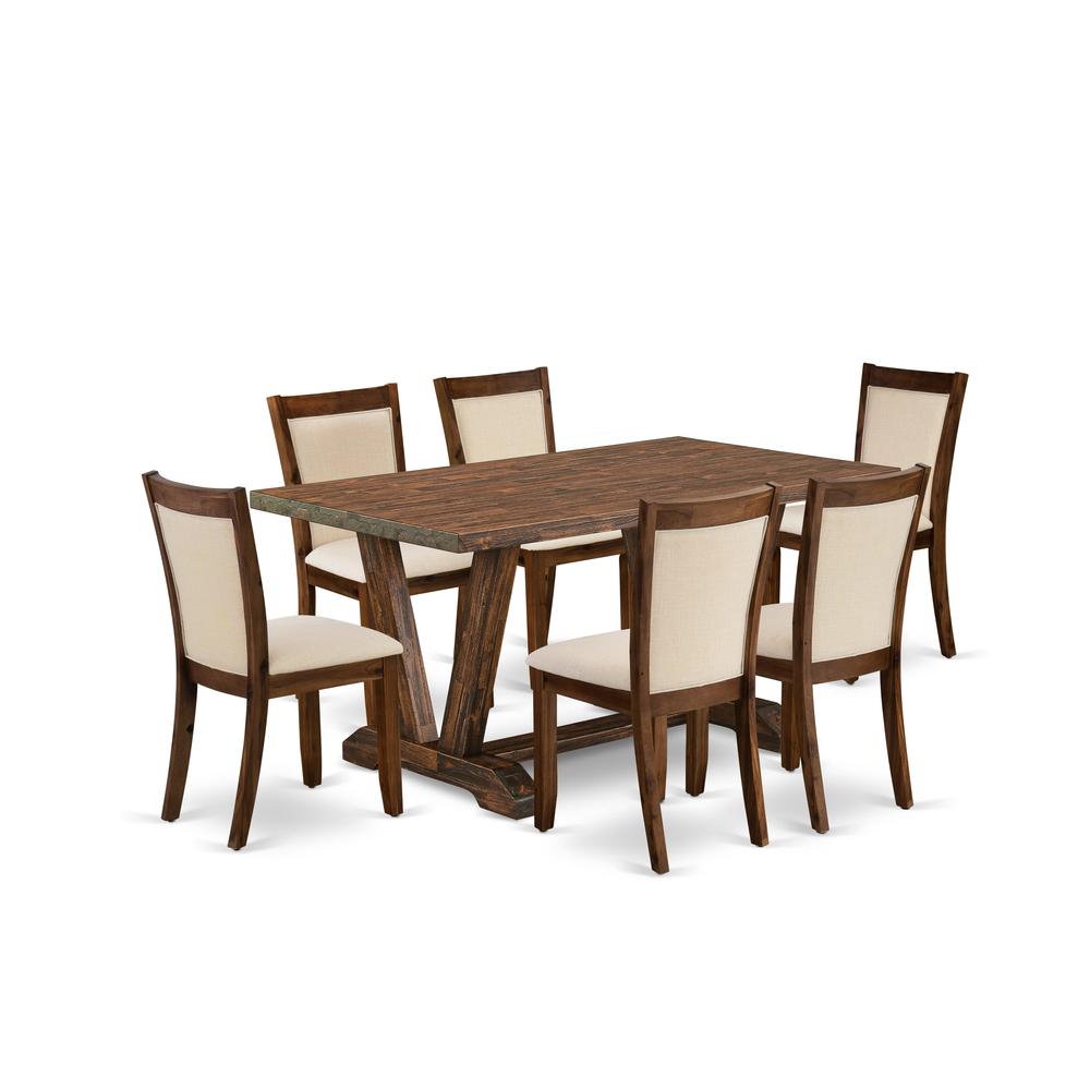 East West Furniture 7-Pieces Kitchen Table Set - 6 Light Beige Fabric Upholstered Dining Chairs with Stylish Back and 1 Kitchen Table with Trestle Base (Distressed Jacobean Finish). Picture 2