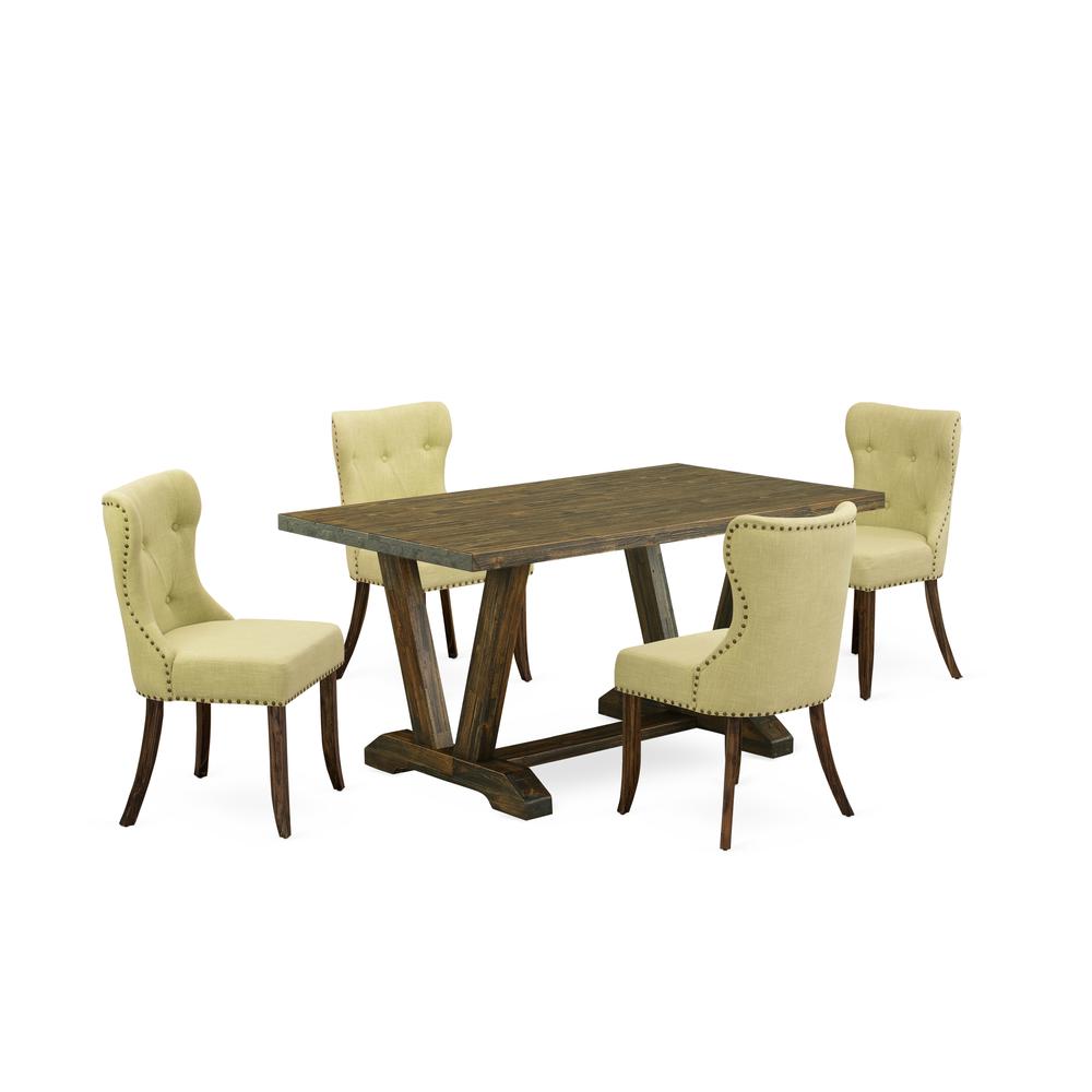 East West Furniture V776SI737-5 5-Piece Dining Table Set- 4 Dining Chairs with Limelight Linen Fabric Seat and Button Tufted Chair Back - Rectangular Table Top & Wooden Legs - Distressed Jacobean Fini. Picture 1