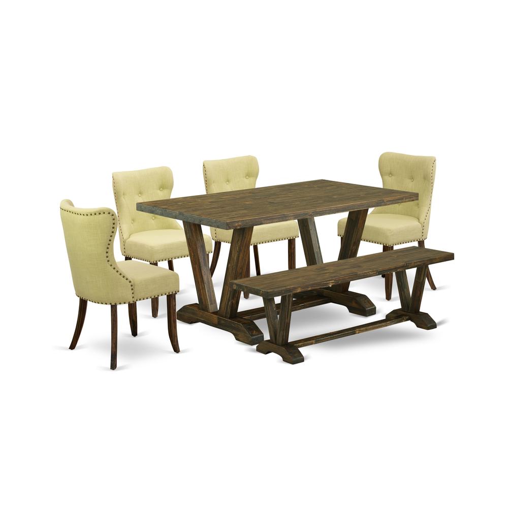 East West Furniture V776SI737-6 6-Pc Kitchen Dining Set- 4 Dining Chairs with Limelight Linen Fabric Seat and Button Tufted Chair Back - Rectangular Top & Wooden Legs Dining Table and Dining Room Benc. Picture 1