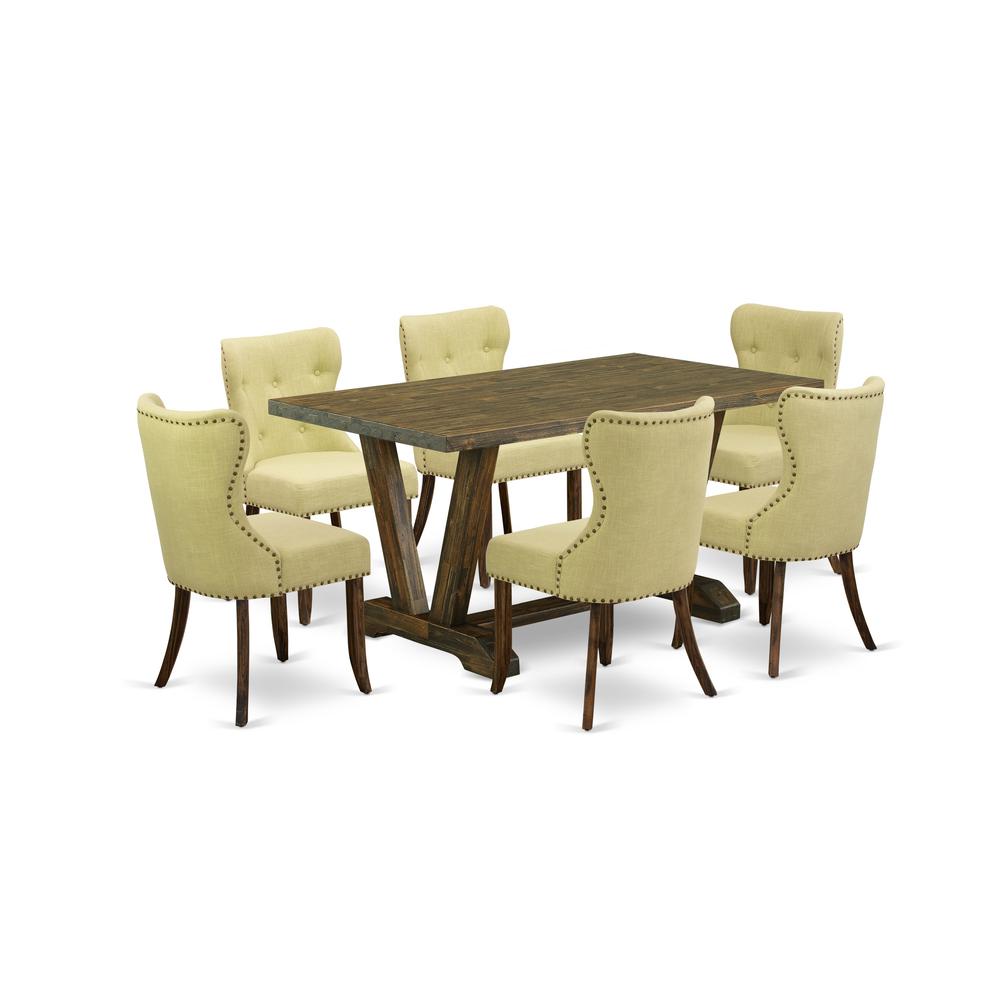 East West Furniture V776SI737-7 7-Pc Kitchen Dining Room Set- 6 Parson Dining Chairs with Limelight Linen Fabric Seat and Button Tufted Chair Back - Rectangular Table Top & Wooden Legs - Distressed Ja. Picture 1