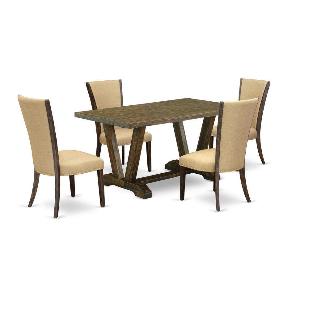 East West Furniture V776VE703-5 5Pc Dining Table Set Contains a Wood Dining Table and 4 Upholstered Dining Chairs with Brown Color Linen Fabric, Medium Size Table with Full Back Chairs, Distressed Jac. Picture 1