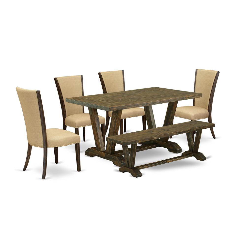 East West Furniture V776VE703-6 6 Piece Dinette Set - 4 Brown Linen Fabric Modern Chair with Nailheads and Distressed Jacobean Wood Table - 1 Dining Room Bench - Distressed Jacobean Finish. Picture 1