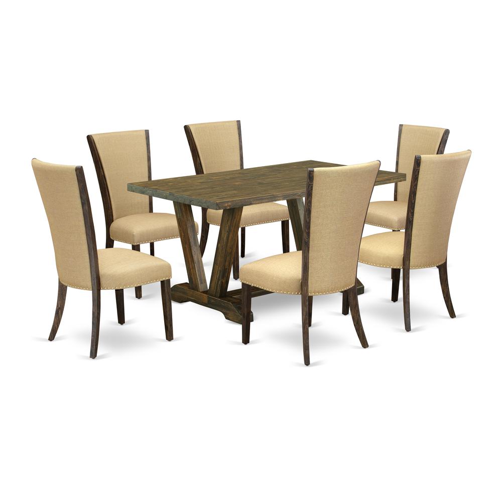 East West Furniture V776VE703-7 7Pc Dining Room Table Set Offers a Dining Table and 6 Parson Chairs with Brown Color Linen Fabric, Medium Size Table with Full Back Chairs, Distressed Jacobean Finish. Picture 1