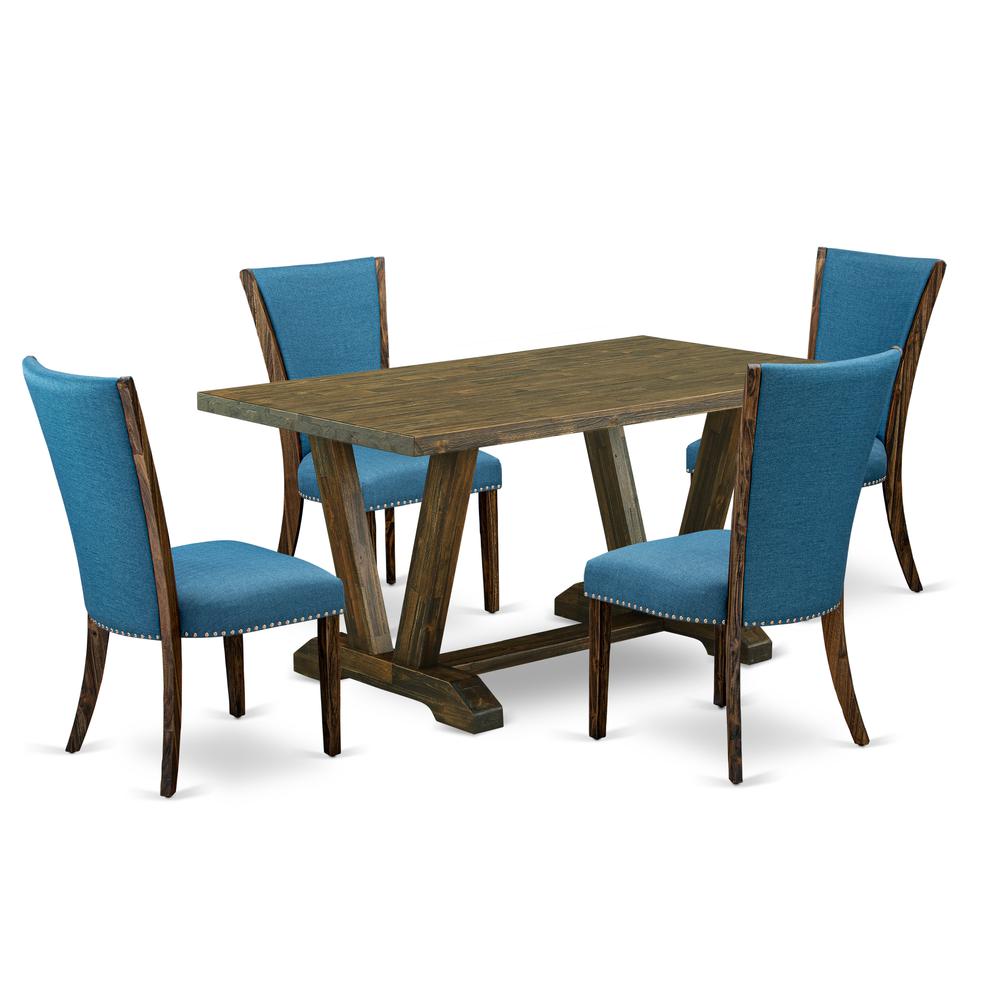 East West Furniture V776VE721-5 5Pc Dining Table set Offers a Kitchen Table and 4 Parson Dining Chairs with Blue Color Linen Fabric, Medium Size Table with Full Back Chairs, Distressed Jacobean Finish. Picture 1