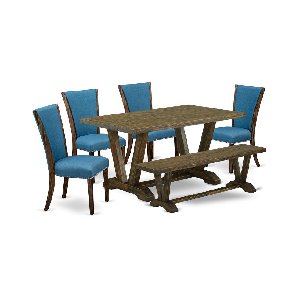 East West Furniture V776VE721-6 6 Piece Modern Dining Table Set - 4 Black Linen Fabric Kitchen Chairs with Nailheads and Distressed Jacobean Dining Table - 1 Wooden Bench - Distressed Jacobean Finish. Picture 1
