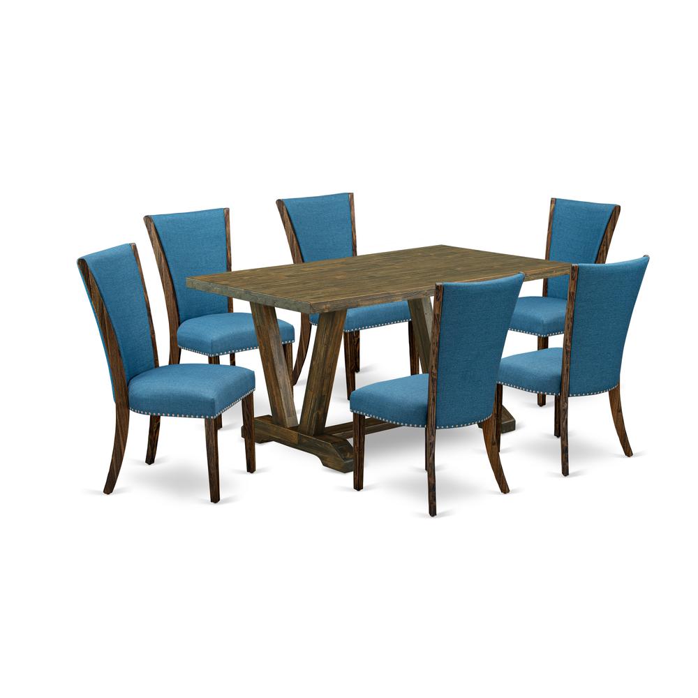 East West Furniture V776VE721-7 7Pc Dinette Sets for Small Spaces Includes a Dining Room Table and 6 Upholstered Dining Chairs with Blue Color Linen Fabric, Distressed Jacobean Finish. Picture 1