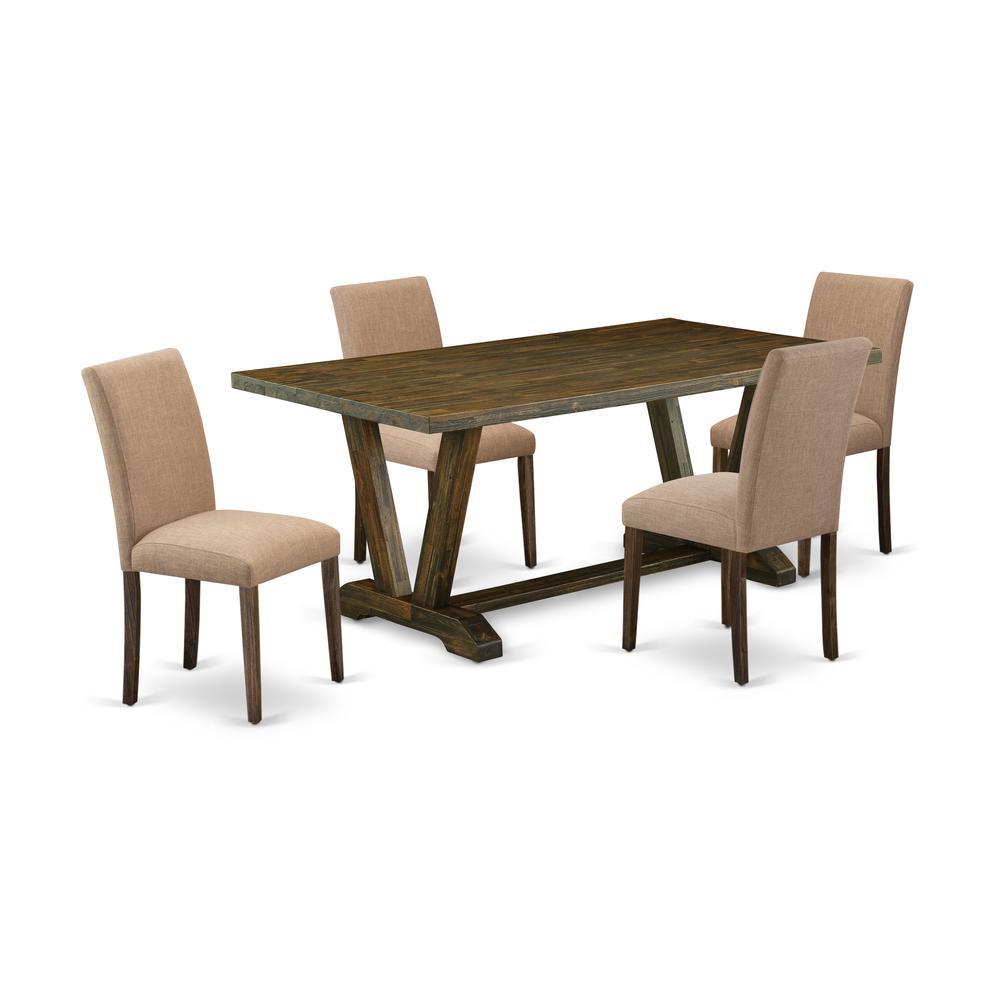 East West Furniture 5-Piece dining room table set Includes 4 Upholstered Chairs with Upholstered Seat and High Back and a Rectangular Kitchen Table - Distressed Jacobean Finish. Picture 1