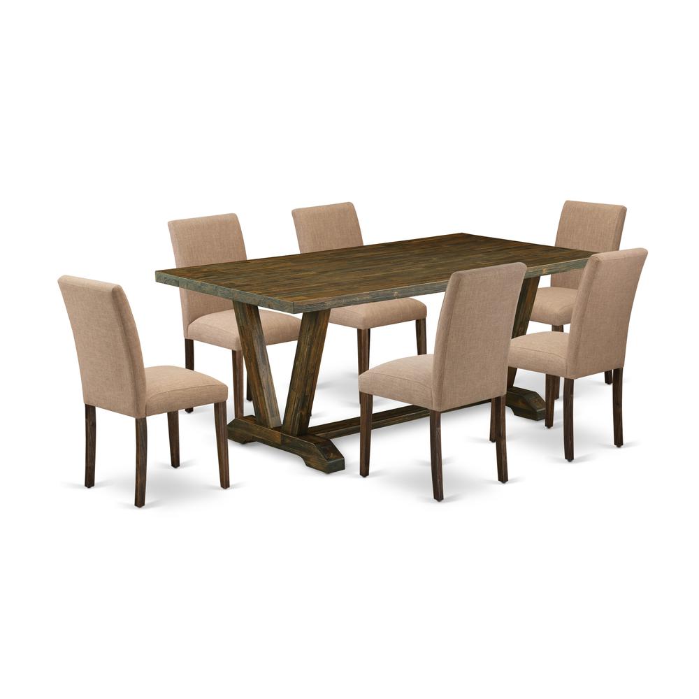 East West Furniture 7-Pc wooden dining table set Includes 6 Dining Room Chairs with Upholstered Seat and High Back and a Rectangular Kitchen Dining Table - Distressed Jacobean Finish. Picture 1
