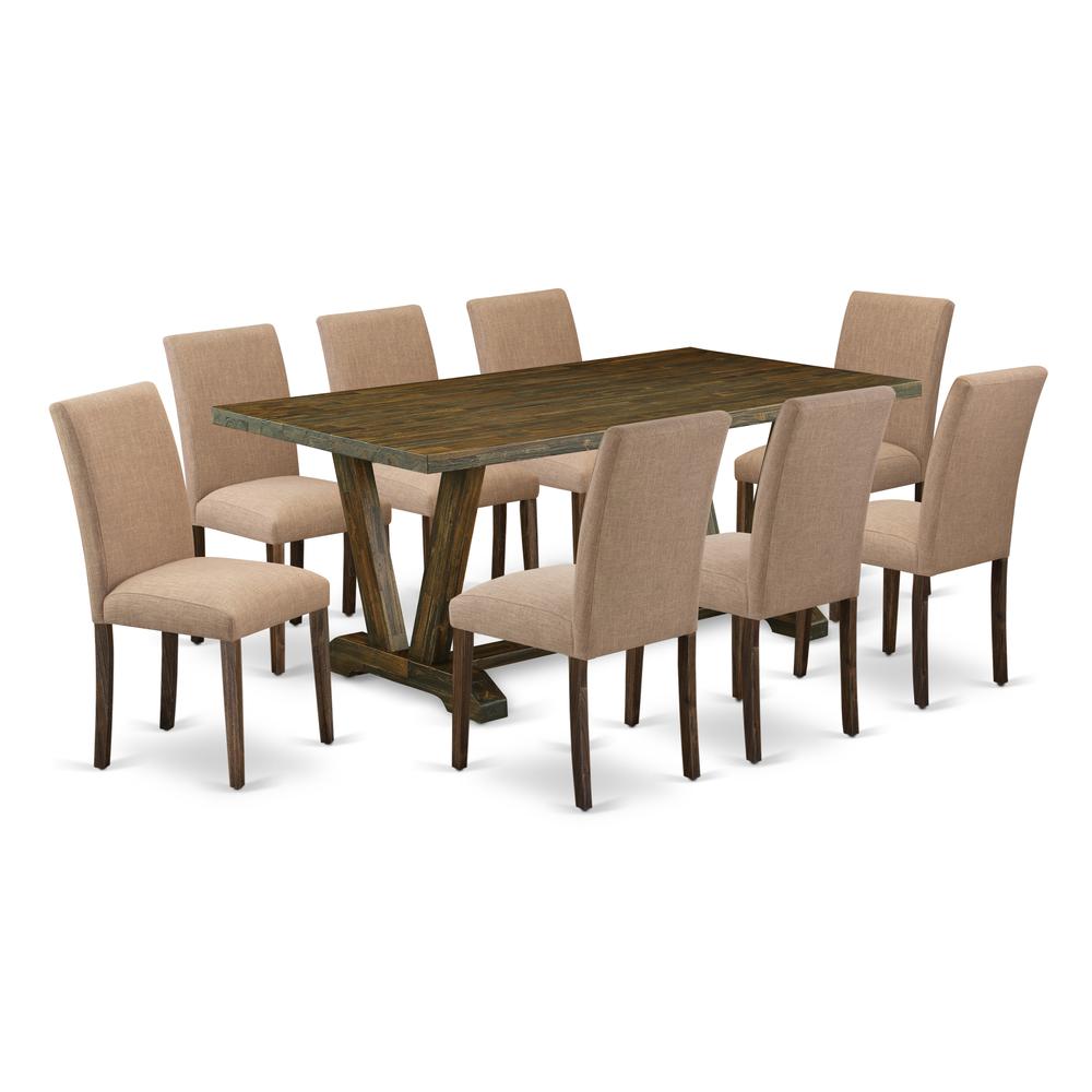 East West Furniture 9-Pc Modern Dining Table Set Includes 8 Upholstered Dining Chairs with Upholstered Seat and High Back and a Rectangular Modern Kitchen Table - Distressed Jacobean Finish. Picture 1