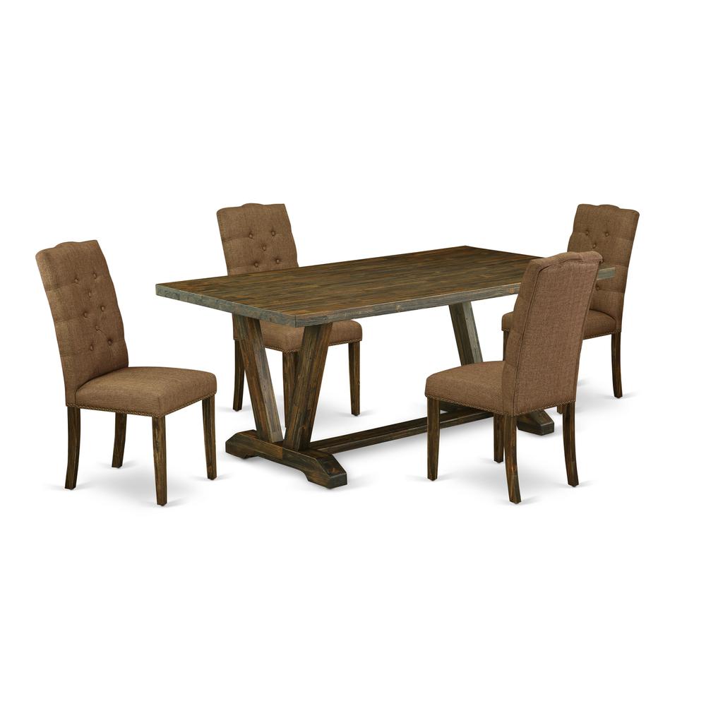 East West Furniture 5-Pc rectangular Dinette Set Included 4 Dining chairs Upholstered Seat and High Button Tufted Chair Back and Rectangular Dining Table with Distressed Jacobean Dining Table Top - Di. Picture 1