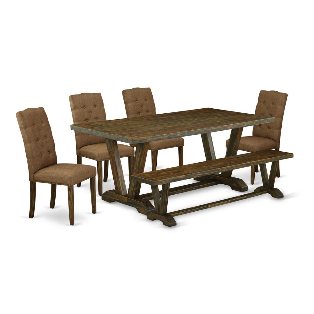 East West Furniture 6-Pc Wooden Dining Table Set-Brown Beige Linen Fabric Seat and Button Tufted Chair Back Parson Dining chairs, A Rectangular Bench and Rectangular Top Wood Kitchen Table with Wooden. Picture 1