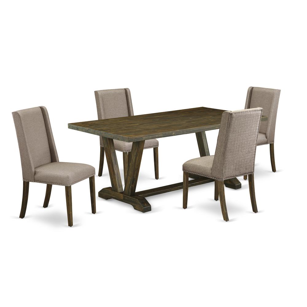 East West Furniture 5-Piece kitchen table set Included 4 Parson Dining chairs Upholstered Nails Head Seat and Stylish Chair Back and Rectangular Dining Table with Distressed Jacobean Rectangular Table. Picture 1