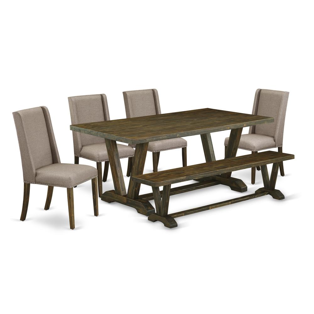 East West Furniture 6-Piece Table Dining Set-Dark Khaki Linen Fabric Seat and Stylish Chair Back Modern Dining chairs, A Rectangular Bench and Rectangular Top Kitchen Dining Table with Solid Wood Legs. Picture 1