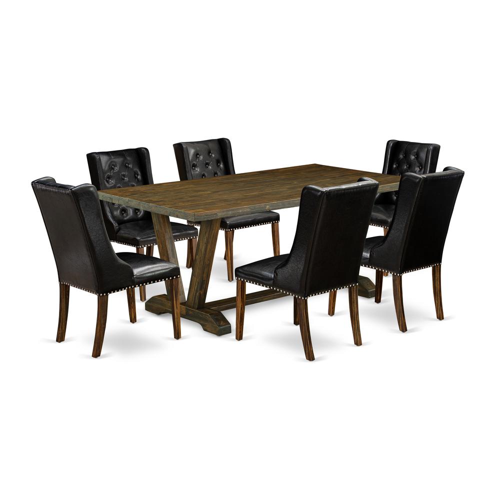 East West Furniture V777FO749-7 7 Pc Dining Table Set - 6 Black Pu Leather Kitchen Chairs Button Tufted with Nailheads and dining table - Distressed Jacobean Finish. Picture 1