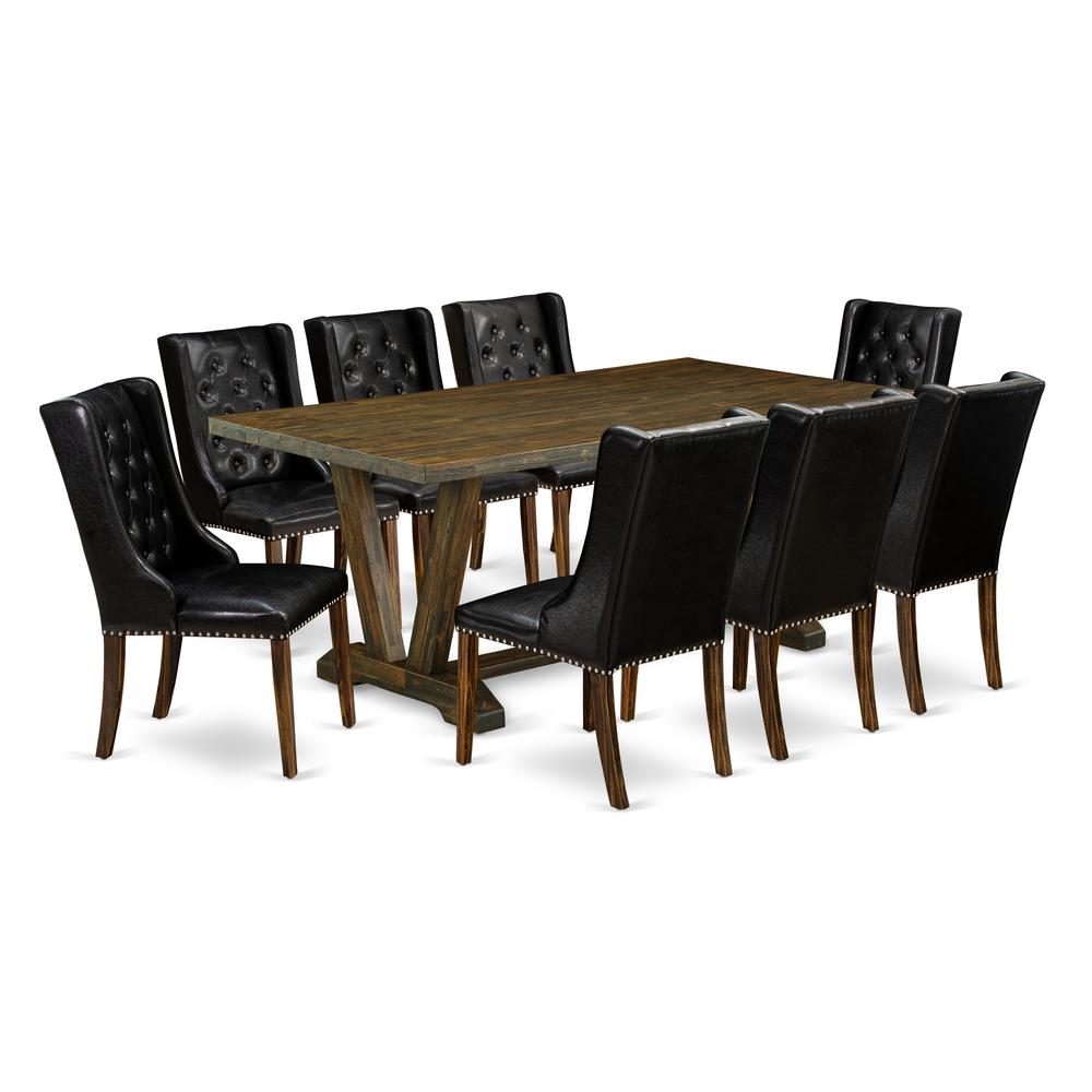 East West Furniture V777FO749-9 9 Pc Dining Room Set - 8 Black Pu Leather Upholstered Chair Button Tufted with Nail heads and Kitchen Table - Distressed Jacobean Finish. Picture 1