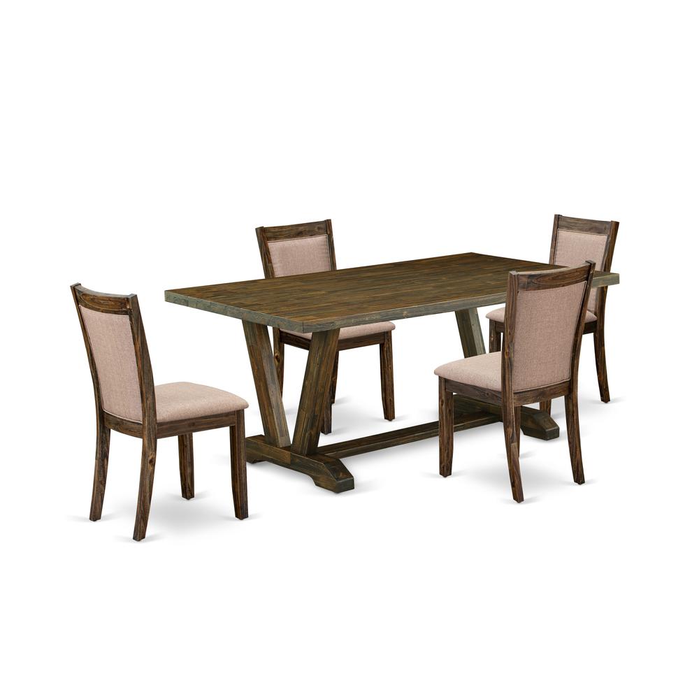East West Furniture 5 Piece Dining Table Set - A Distressed Jacobean Top Dining Table with Trestle Base and 4 Dark Khaki Linen Fabric Dining Chairs - Distressed Jacobean Finish. Picture 2