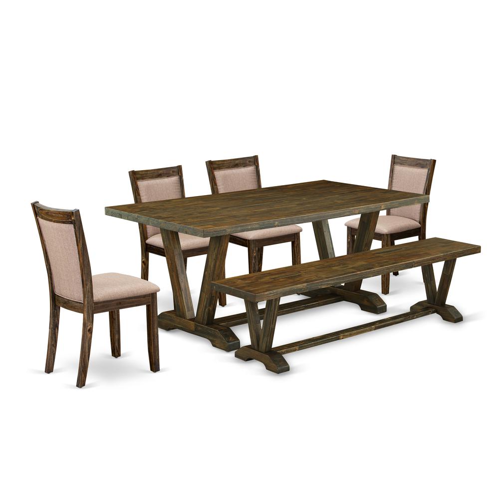 East West Furniture 6 Piece Dining Table Set- A Distressed Jacobean Top Kitchen Table in Trestle Base with Bench and 4 Dark Khaki Linen Fabric Dining Chairs - Distressed Jacobean Finish. Picture 2