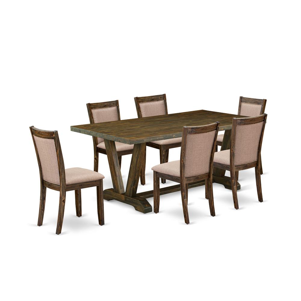 East West Furniture 7 Piece Modern Kitchen Table Set - A Distressed Jacobean Top Wooden Table with Trestle Base and 6 Dark Khaki Linen Fabric dining chairs - Distressed Jacobean Finish. Picture 2