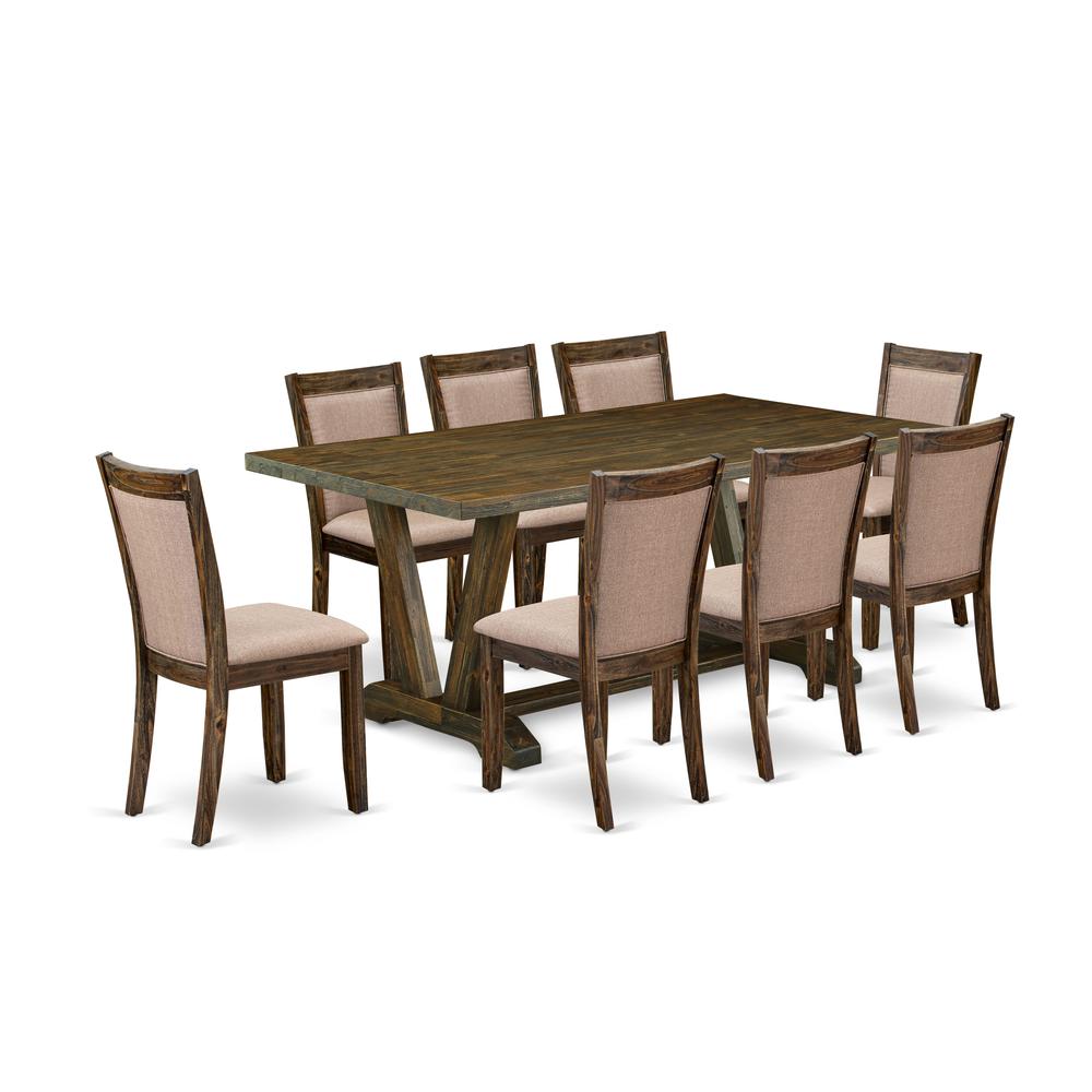 East West Furniture 9 Piece Dinette Set - A Distressed Jacobean Top Dining Table with Trestle Base and 8 Dark Khaki Linen Fabric Upholstered Dining Chairs - Distressed Jacobean Finish. Picture 2