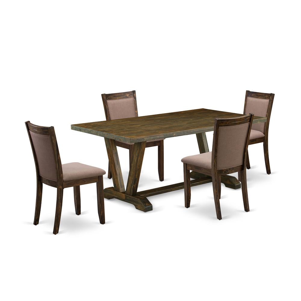 East West Furniture 5 Piece Kitchen Table Set - A Distressed Jacobean Top Rustic Kitchen Table with Trestle Base and 4 Coffee Linen Fabric Parsons Chairs - Distressed Jacobean Finish. Picture 2