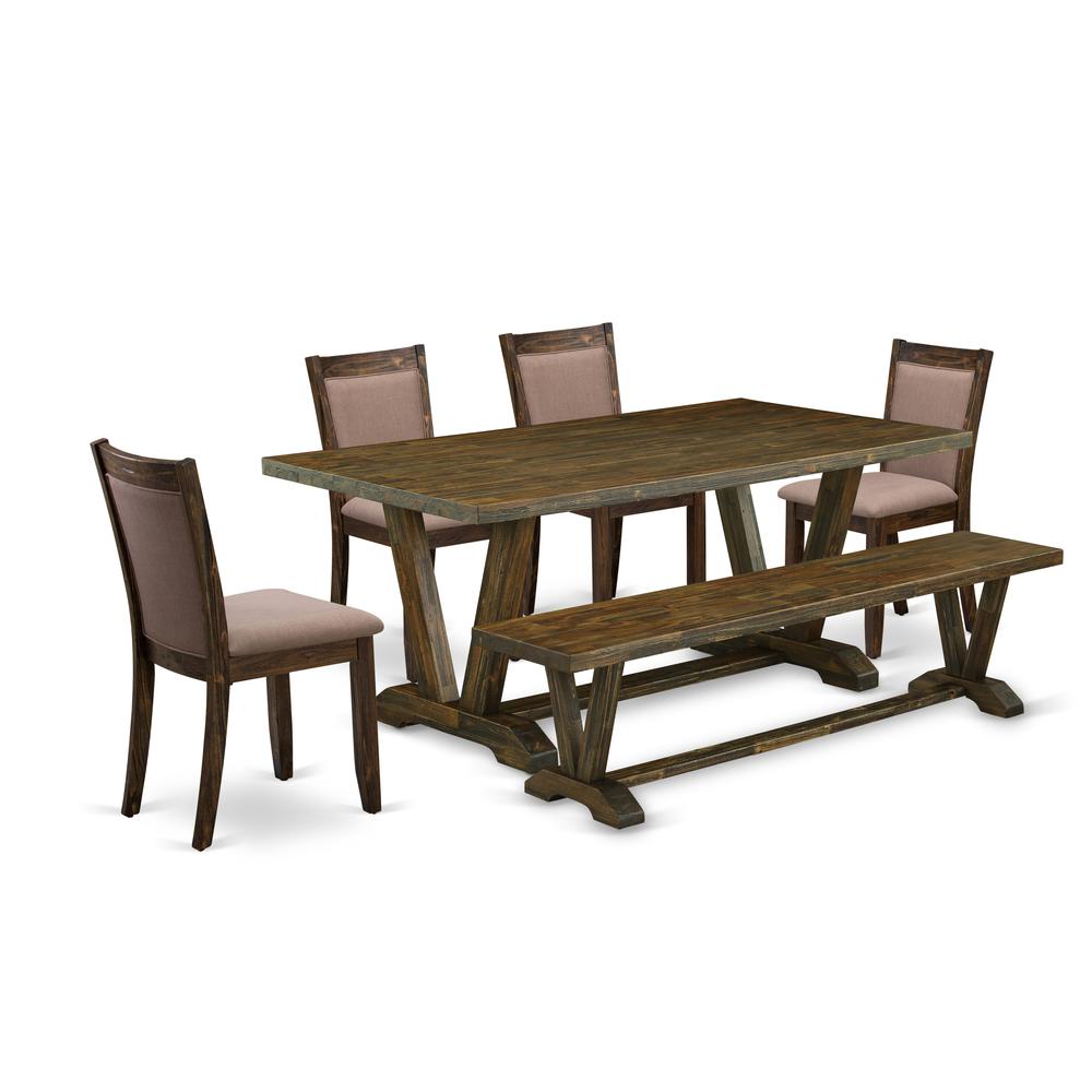 East West Furniture 6 Piece Modern Dining Table Set- A Distressed Jacobean Top Table in Trestle Base with Wood Bench and 4 Coffee Linen Fabric Dining Chairs - Distressed Jacobean Finish. Picture 2