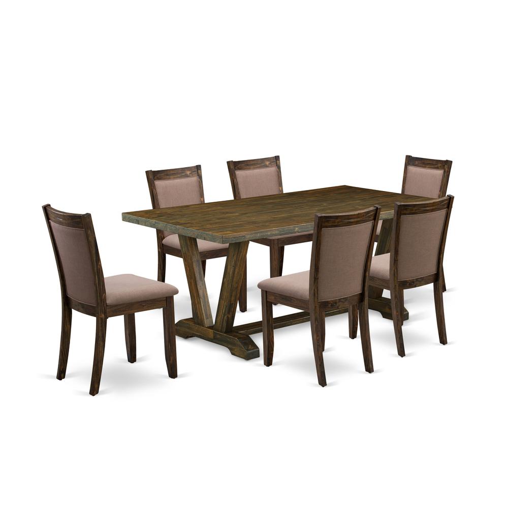 East West Furniture 7 Piece Dinner Table Set - A Distressed Jacobean Top Dinner Table with Trestle Base and 6 Coffee Linen Fabric Wood Dining Chairs - Distressed Jacobean Finish. Picture 2
