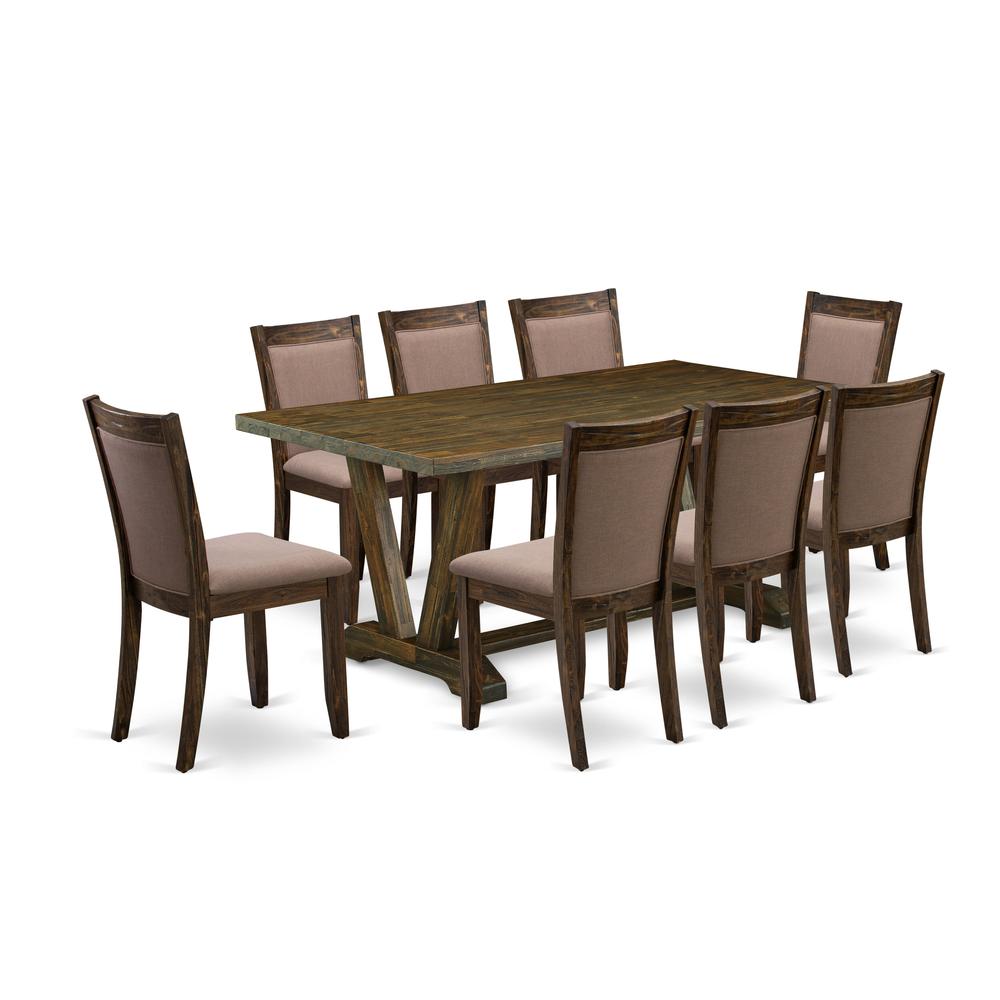 East West Furniture 9 Piece Kitchen Dining Table Set - A Distressed Jacobean Top Dining Table with Trestle Base and 8 Coffee Linen Fabric Dining Room Chairs - Distressed Jacobean Finish. Picture 2