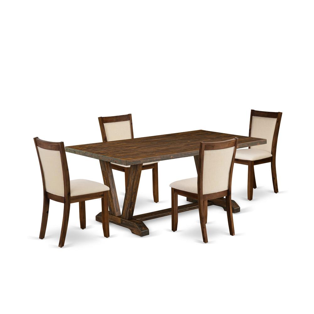 East West Furniture 5-Pc Dining Room Set Includes a Dining Table and 4 Light Beige Linen Fabric Mid Century Dining Chairs with Stylish Back - Distressed Jacobean Finish. Picture 2