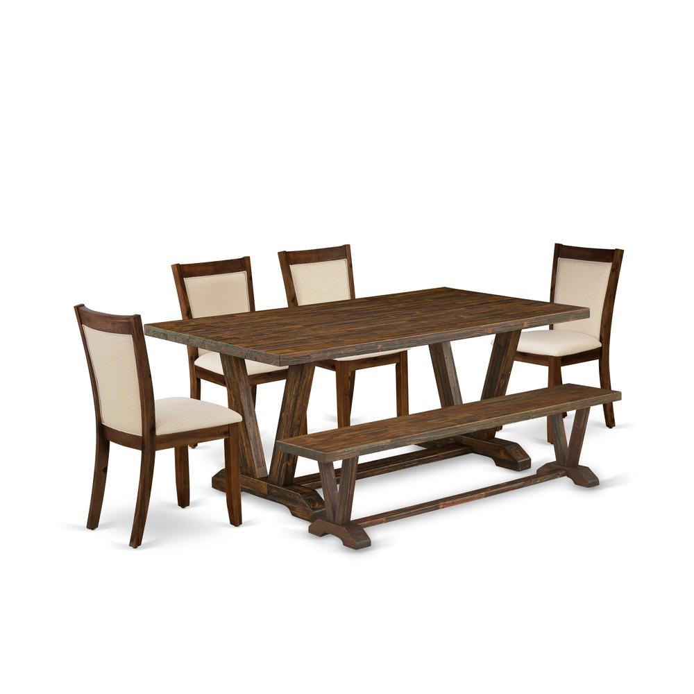 East West Furniture 6-Piece Modern Dining Set Consists of a Rectangular Table and a Small Bench with 4 Light Beige Linen Fabric Dining Chairs with Stylish Back - Distressed Jacobean Finish. Picture 2