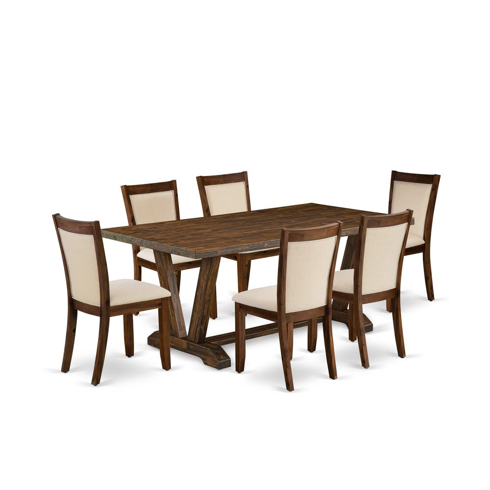 East West Furniture 7-Pc Dining Table Set Contains a Rectangular Dining Table and 6 Light Beige Linen Fabric Parsons Chairs with Stylish Back - Distressed Jacobean Finish. Picture 2