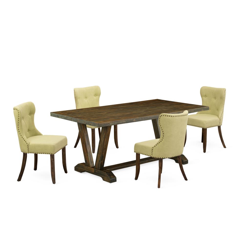 East West Furniture V777SI737-5 5-Piece Dinette Room Set- 4 Dining Chairs with Limelight Linen Fabric Seat and Button Tufted Chair Back - Rectangular Table Top & Wooden Legs - Distressed Jacobean Fini. Picture 1