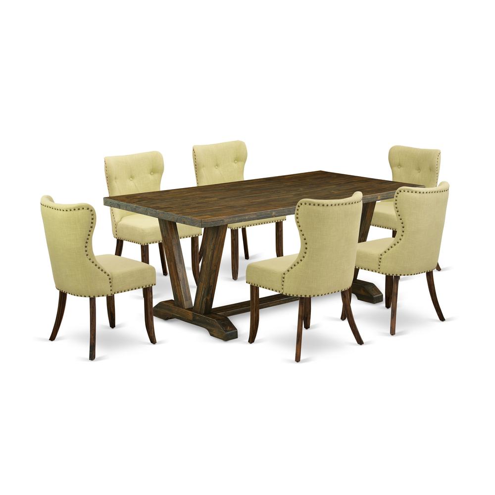 East West Furniture V777SI737-7 7-Pc Kitchen Dining Room Set- 6 Dining Room Chairs with Limelight Linen Fabric Seat and Button Tufted Chair Back - Rectangular Table Top & Wooden Legs - Distressed Jaco. Picture 1