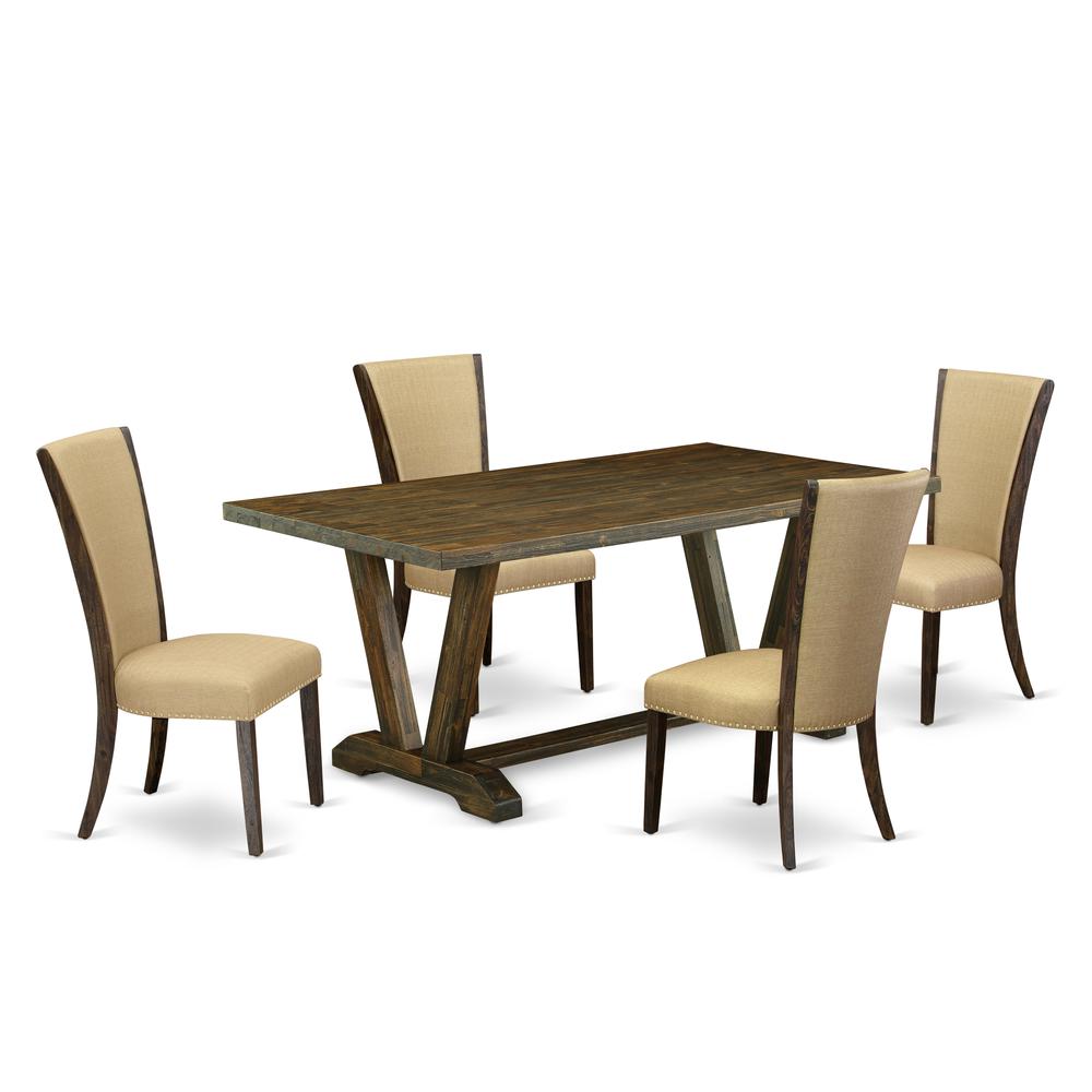 East West Furniture V777VE703-5 5Pc Dinette Set Contains a Dinette Table and 4 Parsons Chairs with Brown Color Linen Fabric, Medium Size Table with Full Back Chairs, Distressed Jacobean Finish. Picture 1