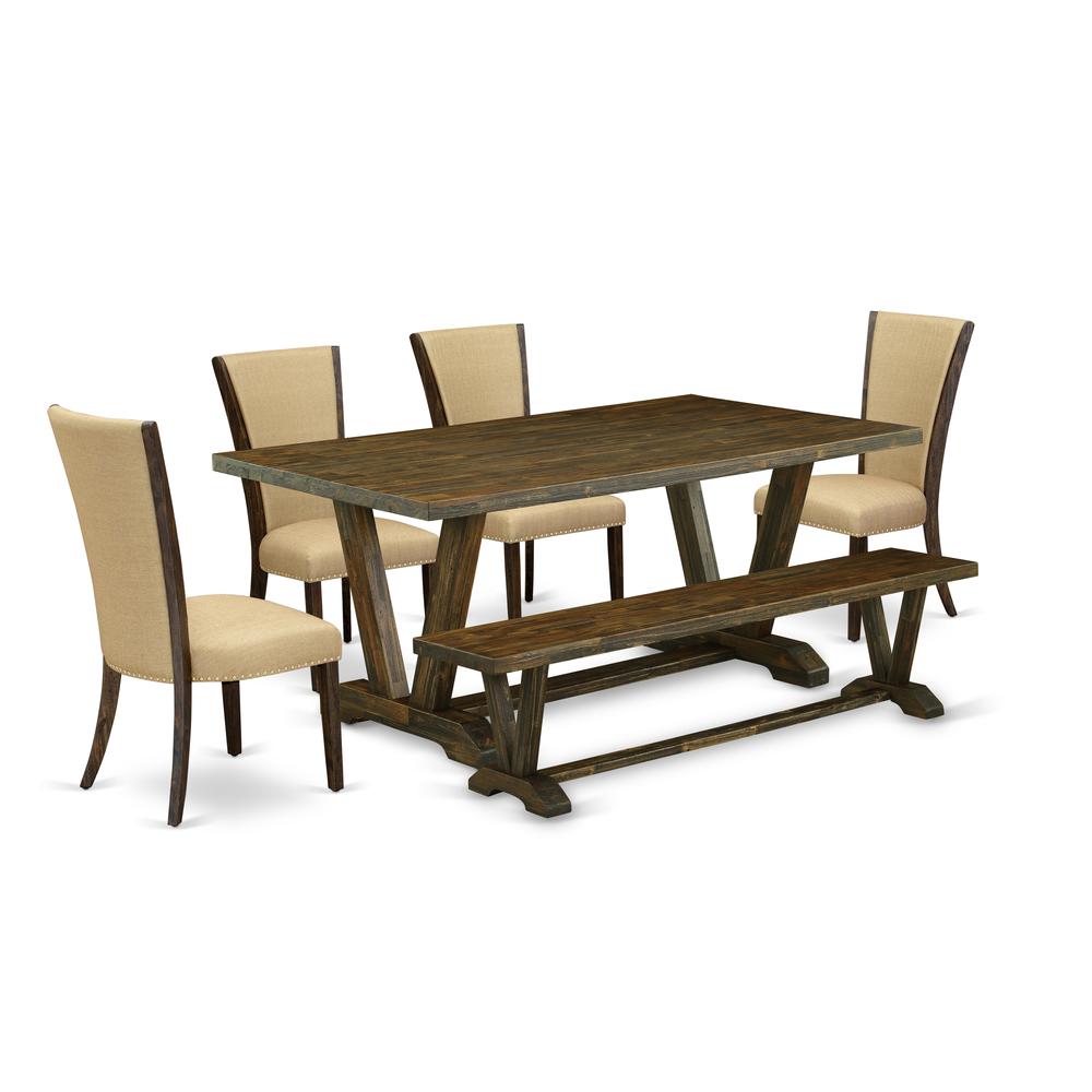 East West Furniture V777VE703-6 6 Piece Dinette Set - 4 Brown Linen Fabric Modern Chair with Nailheads and Distressed Jacobean Dining Table - 1 Mid Century Bench - Distressed Jacobean Finish. Picture 1