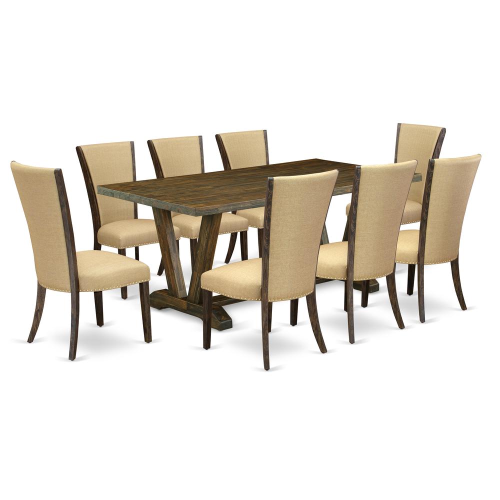 East West Furniture V777VE703-9 9Pc Kitchen Set Consists of a Dinette Table and 8 Upholstered Dining Chairs with Brown Color Linen Fabric, Distressed Jacobean Finish. Picture 1