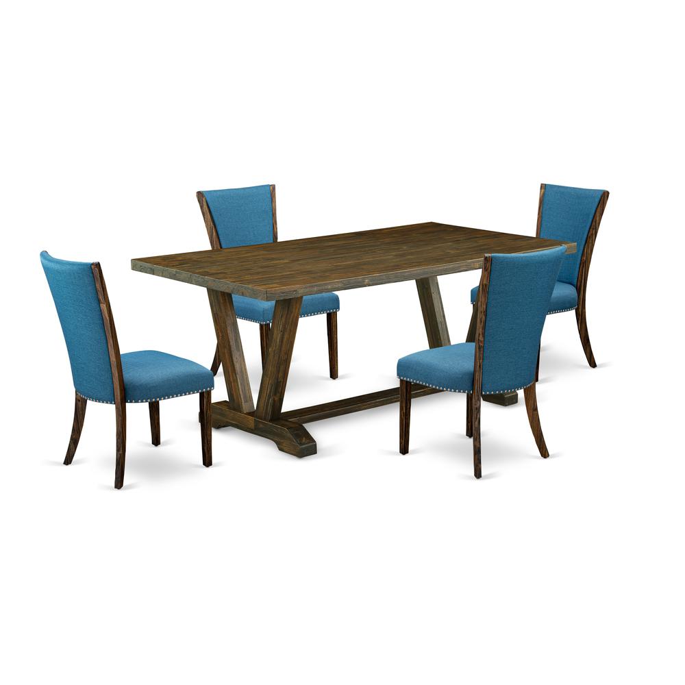 East West Furniture V777VE721-5 5Pc Wood Dining Table Set Contains a Wood Table and 4 Parsons Chairs with Blue Color Linen Fabric, Distressed Jacobean Finish. Picture 1