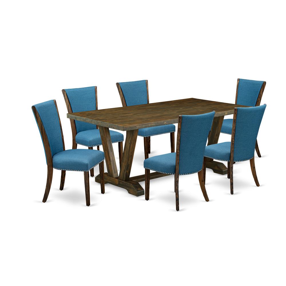 East West Furniture V777VE721-7 7Pc Dining Table Set Contains a Dining Table and 6 Upholstered Dining Chairs with Blue Color Linen Fabric, Distressed Jacobean Finish. Picture 1