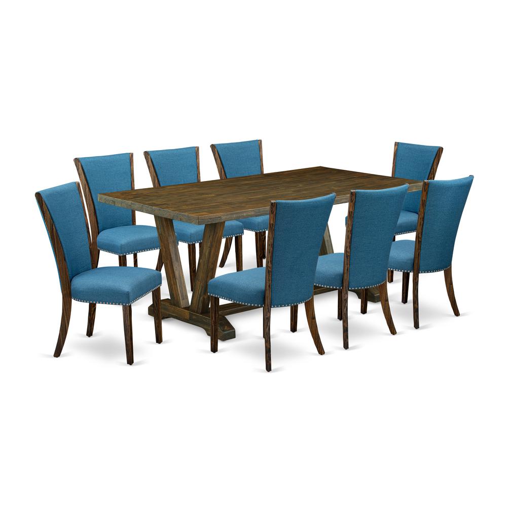 East West Furniture V777VE721-9 9Pc Dining Room Table Set Consists of a Dinette Table and 8 Parsons Chairs with Blue Color Linen Fabric, Distressed Jacobean Finish. Picture 1