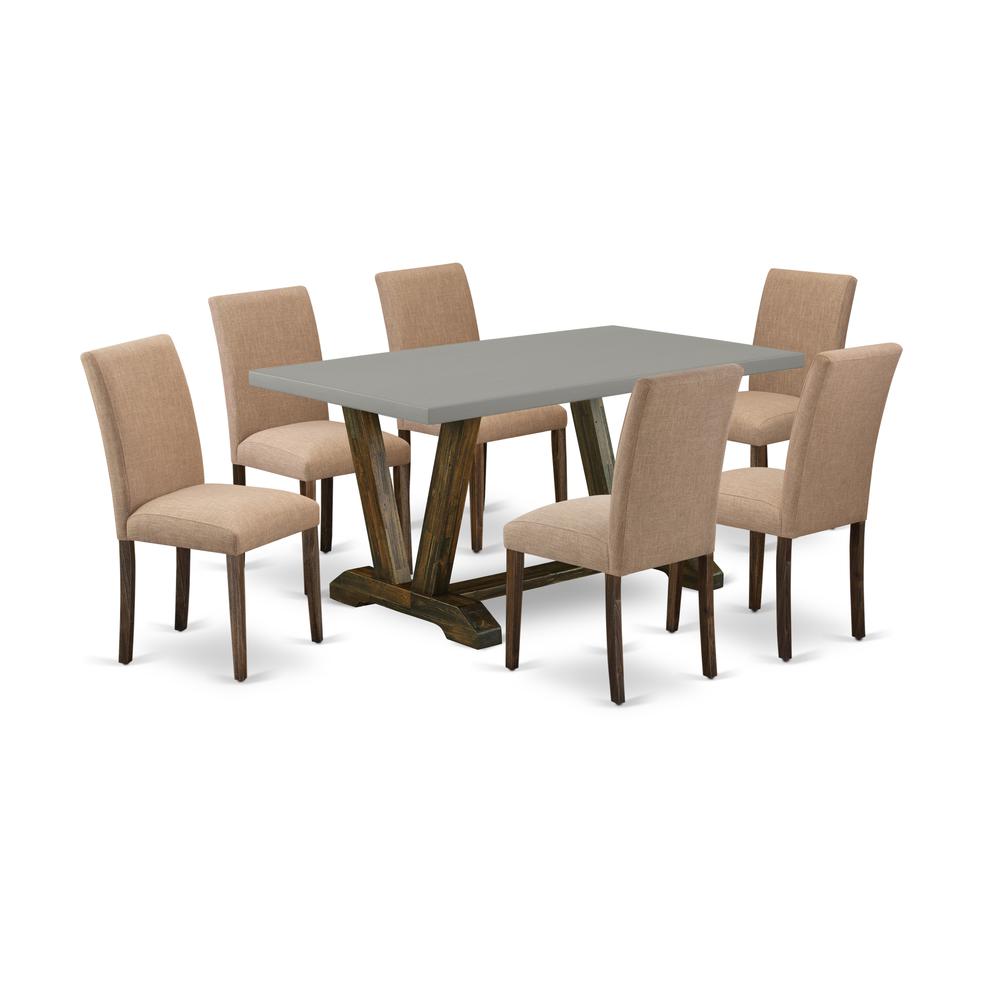 East West Furniture 7-Pc Dining Set Includes 6 Modern Dining Chairs with Upholstered Seat and High Back and a Rectangular Breakfast Table - Distressed Jacobean Finish. Picture 1