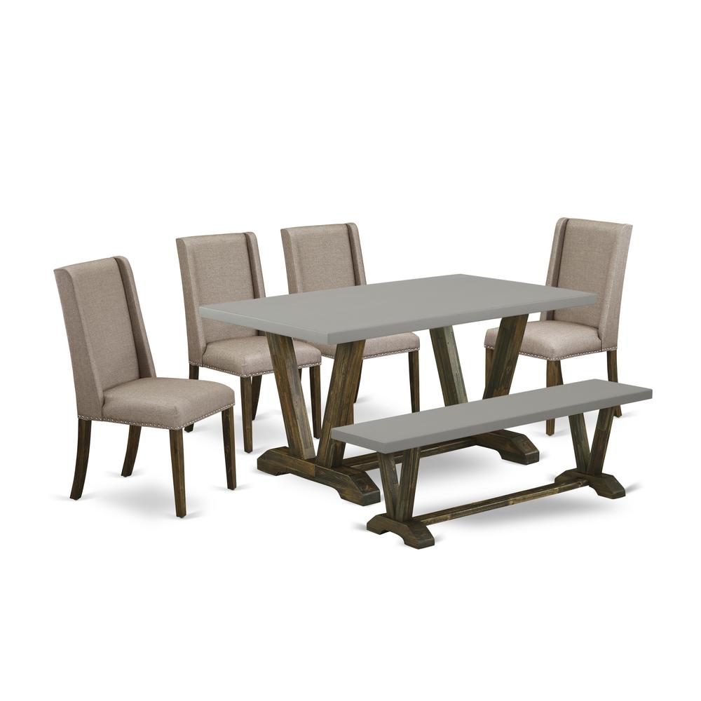 East West Furniture 6-Piece Wood Dining Table Set-Dark Khaki Linen Fabric Seat and High Stylish Chair Back Kitchen chairs, A Rectangular Bench and Rectangular Top Wood Kitchen Table with Wooden Legs -. Picture 1