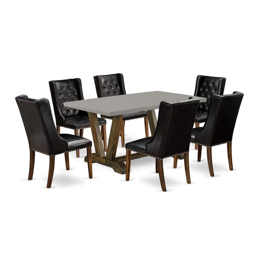 East West Furniture V796FO749-7 7-Pc Dining Room Table Set - 6 Black Pu Leather Dining Chair Button Tufted with Nail heads and Dining Room Table - Distressed Jacobean Finish. Picture 1