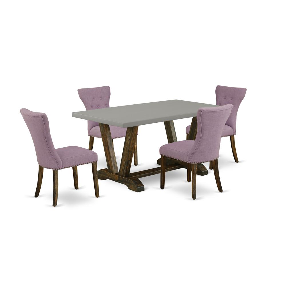 East West Furniture 5-Piece Dining Table Set Included 4 Parson Chair Upholstered Seat and High Button Tufted Chair Back and Rectangular Mid Century Dining Table with Cement Color Dining room Table Top. Picture 1