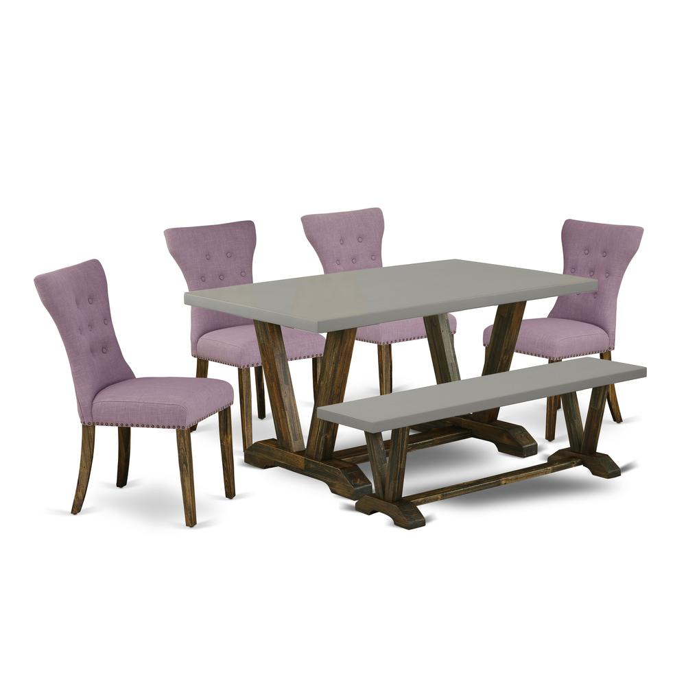 East West Furniture 6-Piece Dining -Dahlia Linen Fabric Seat and Button Tufted Chair Back kitchen parson chairs, A Rectangular Bench and Rectangular Top Kitchen Table with Solid Wood Legs - Cement and. Picture 1