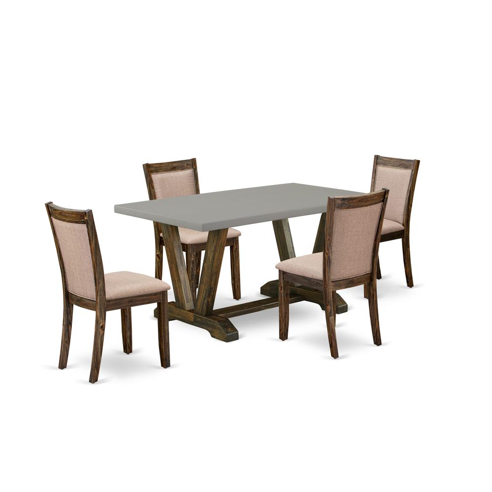East West Furniture 5 Piece Modern Rustic Dining Table Set - A Cement Top Dinning Table with Trestle Base and 4 Dark Khaki Linen Fabric Kitchen Chairs - Distressed Jacobean Finish. Picture 2
