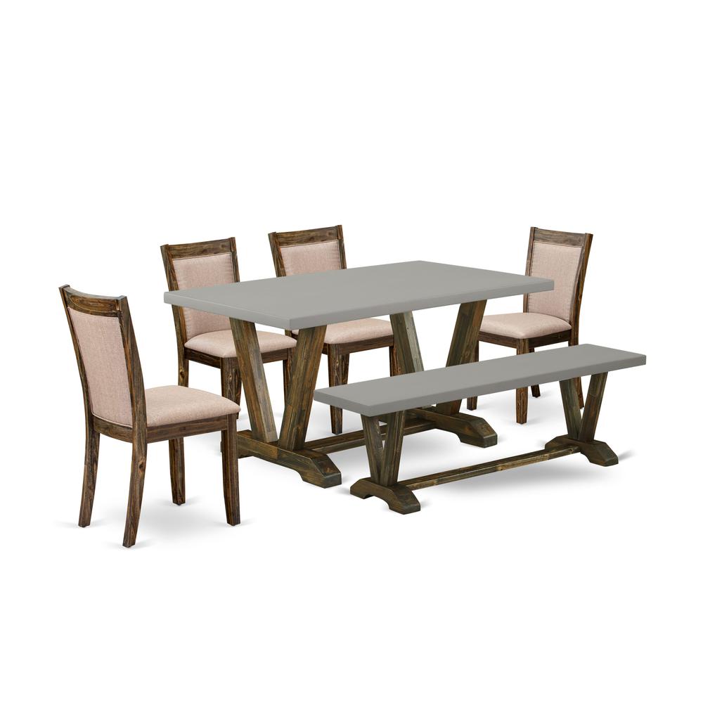 East West Furniture 6 Piece Dining Set- A Cement Top Mid Century Dining Table in Trestle Base with Dining Bench and 4 Dark Khaki Linen Fabric Kitchen Chairs - Distressed Jacobean Finish. Picture 2
