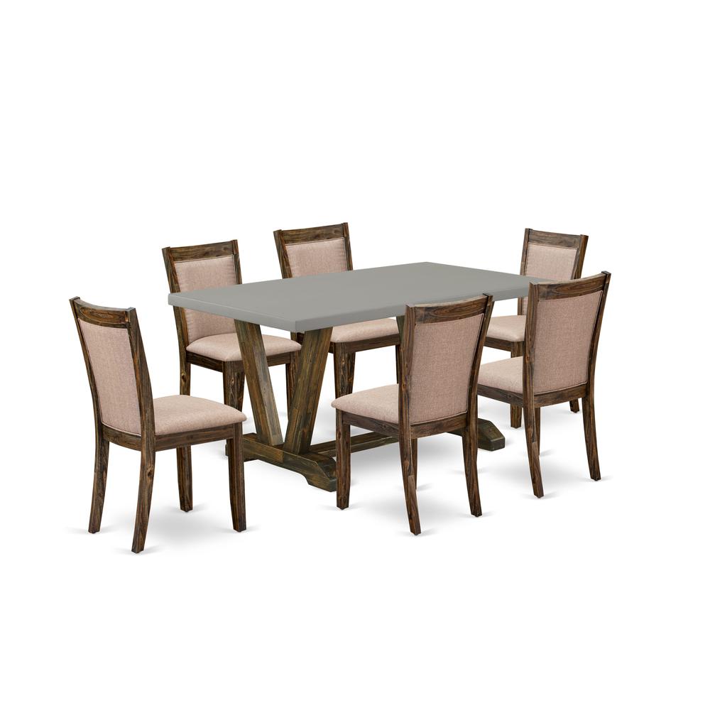 East West Furniture 7 Piece Modern Dinette Set - A Cement Top Wooden Dining Table with Trestle Base and 6 Dark Khaki Linen Fabric Kitchen Chairs - Distressed Jacobean Finish. Picture 2