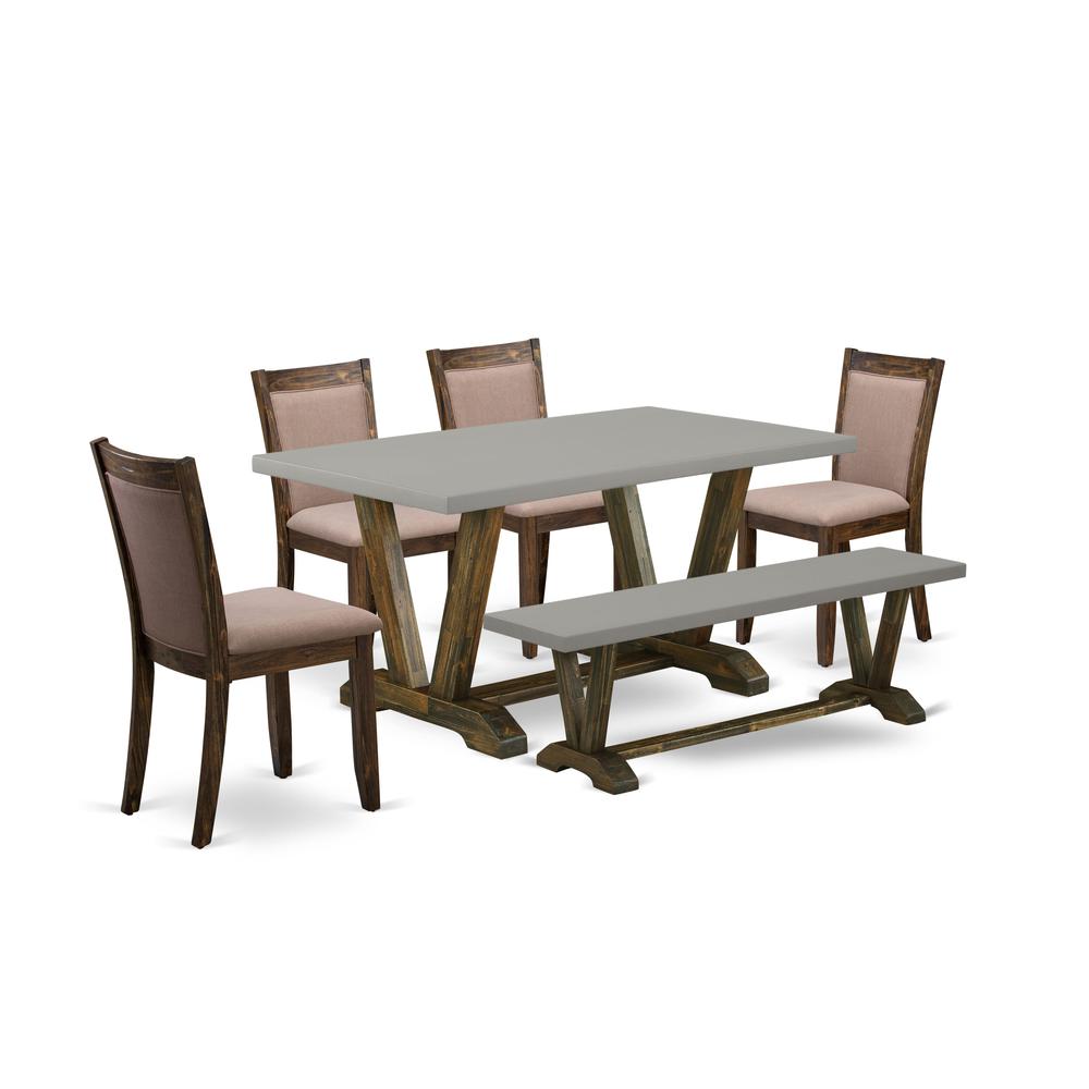 East West Furniture 6-Pc Dining Set - 4 dining room chairs, a Small Bench and 1 Kitchen Dining Table (Distressed Jacobean Finish). Picture 2