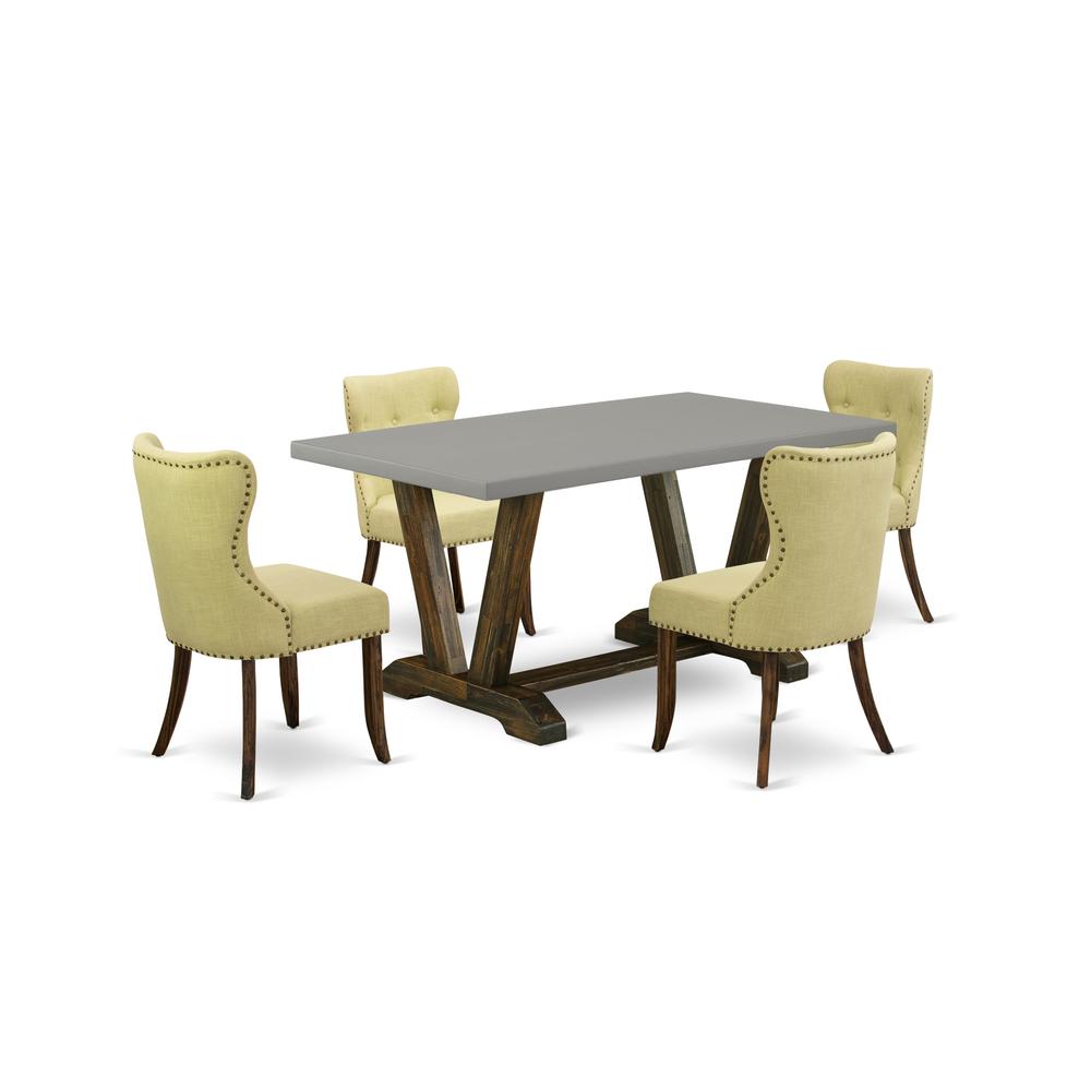 East West Furniture 5-Pc Dinette Set-Limelight Linen Fabric Seat and Button Tufted Back Kitchen Parson Chairs and Rectangular Top Dining Table with Hardwood Legs - Cement and Distressed Jacobean Finis. Picture 1