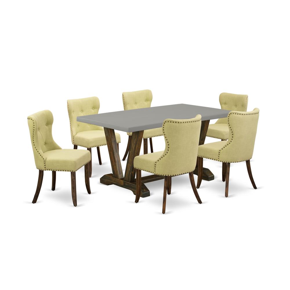 East West Furniture 7-Piece Table Dining Set-Limelight Linen Fabric Seat and Button Tufted Back Parson Chairs and Rectangular Top Living Room Table with Wood Legs - Cement and Distressed Jacobean Fini. Picture 1